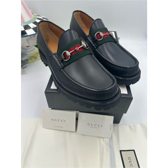 Men\'s Gucci lug sole web stripe horse bit loafers size 9 fits 9.5 US made Italy main image 11